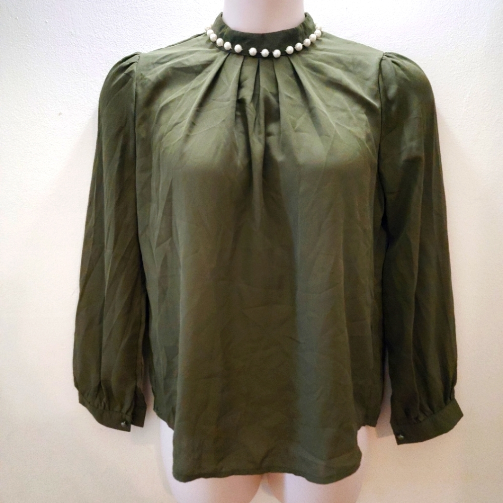 Shein olive green pearl neck blouse
